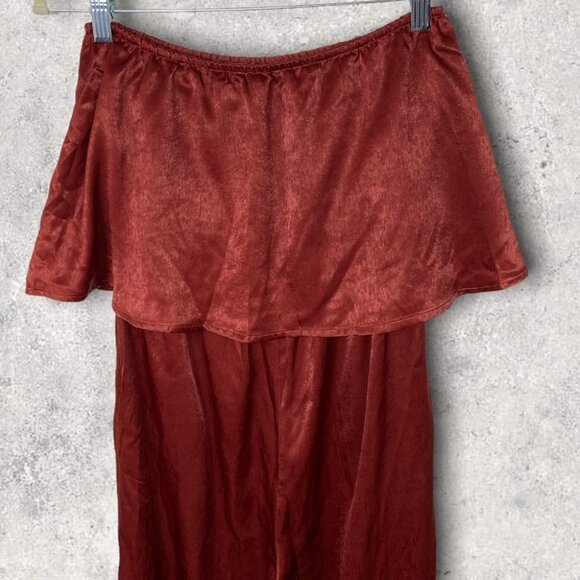 NWT Emory Park Burnt Rust Ruffle Strapless Jumpsuit Satin Red Brown Size Medium - Picture 9 of 13